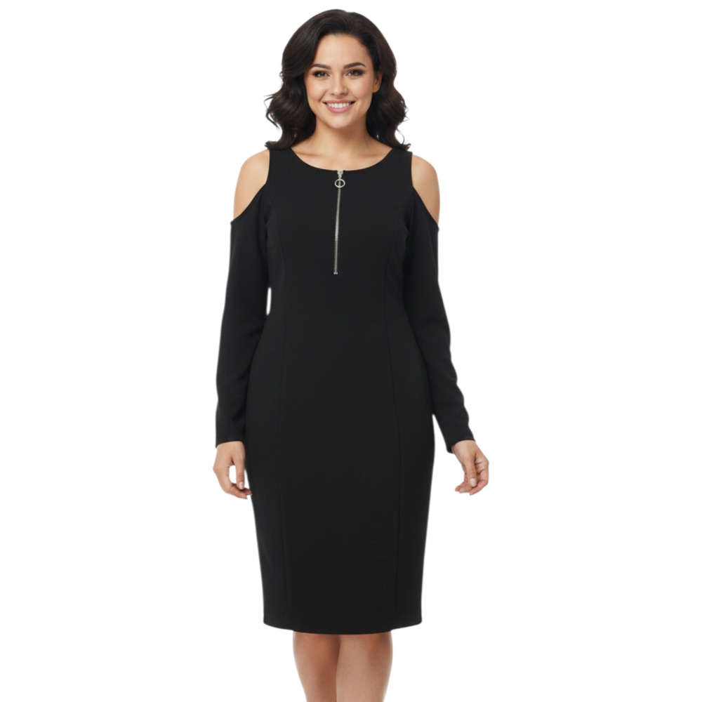 New Look Women Dress 1X Black Ribbed Bodycon Cold Shoulder Career Office Evening
